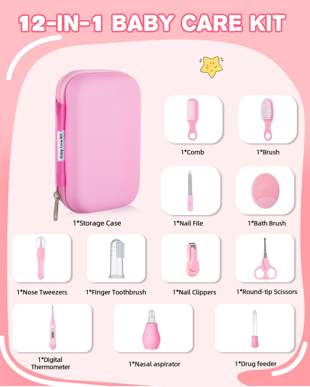 Baby Pflegeset Neugeborene, BabyPflegeset mit Nagelset Maniküre baby, Baby Haarbürste, Kamm, Fingerzahnbürste, Schere, Nasenaspirator, Babypflege Essentials Erstausstattung Set für Newborn