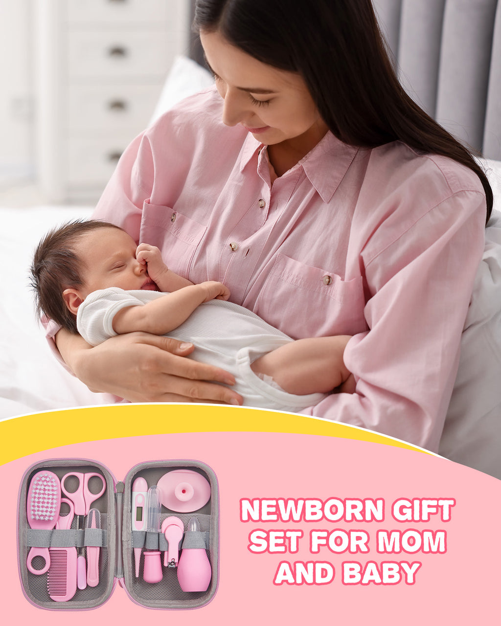 Baby Pflegeset Neugeborene, BabyPflegeset mit Nagelset Maniküre baby, Baby Haarbürste, Kamm, Fingerzahnbürste, Schere, Nasenaspirator, Babypflege Essentials Erstausstattung Set für Newborn