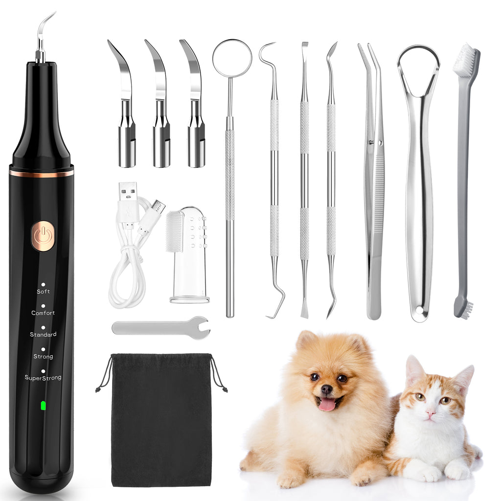 Ultraschall Zahnsteinentferner Zahnreinigung für Hund, 14 Teiliges Set Zahnbürste Zahnreinigungsset Hunde Zahnstein Entfernen selbst, Elektrische Zahnreiniger mit 5 Modi/LED-Licht (Schwarz)