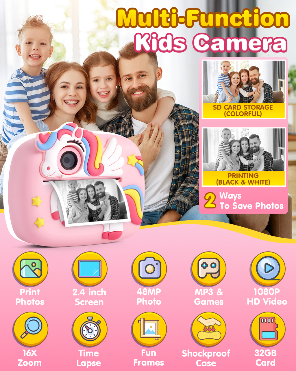 Kinderkamera, 48MP 1080P Sofortbildkamera Kinder Kamera Sofortdruck mit 32GB Karte & 4 Rollen Fotos Drucken Druckpapier, Fotoapparat Fotokamera Spielzeug Geschenke für Jungen & Mädchen von 3-12 Jahre
