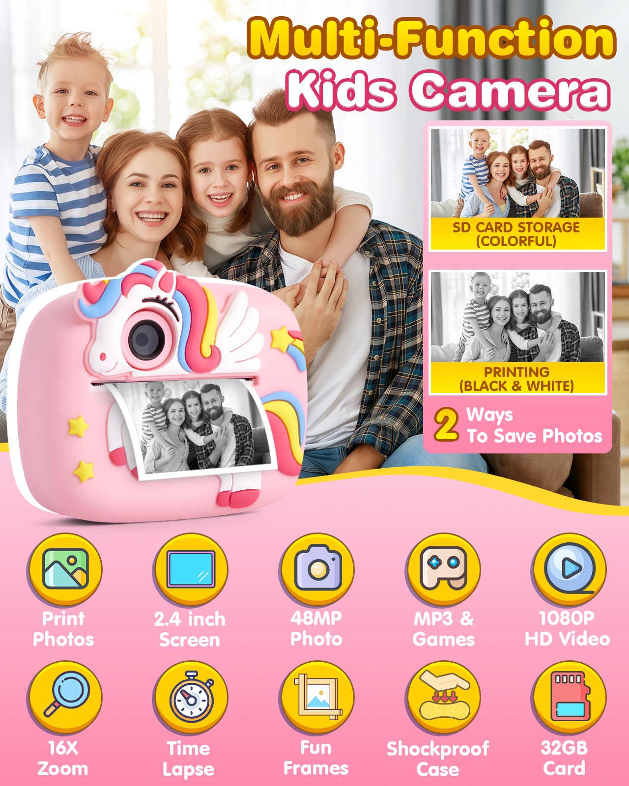 Kinderkamera, 48MP 1080P Sofortbildkamera Kinder Kamera Sofortdruck mit 32GB Karte & 4 Rollen Fotos Drucken Druckpapier, Fotoapparat Fotokamera Spielzeug Geschenke für Jungen & Mädchen von 3-12 Jahre